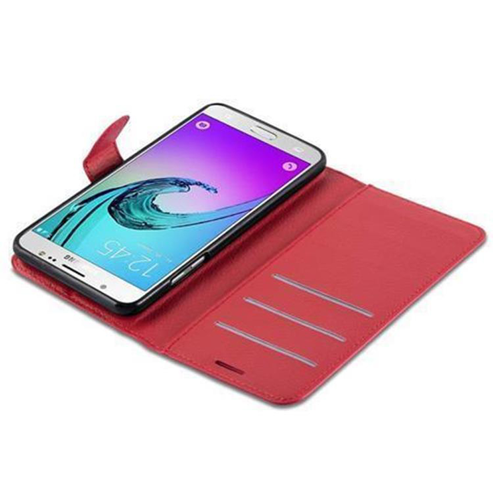 Custodia rossa aperta con telefono all'interno. Schermata iniziale.