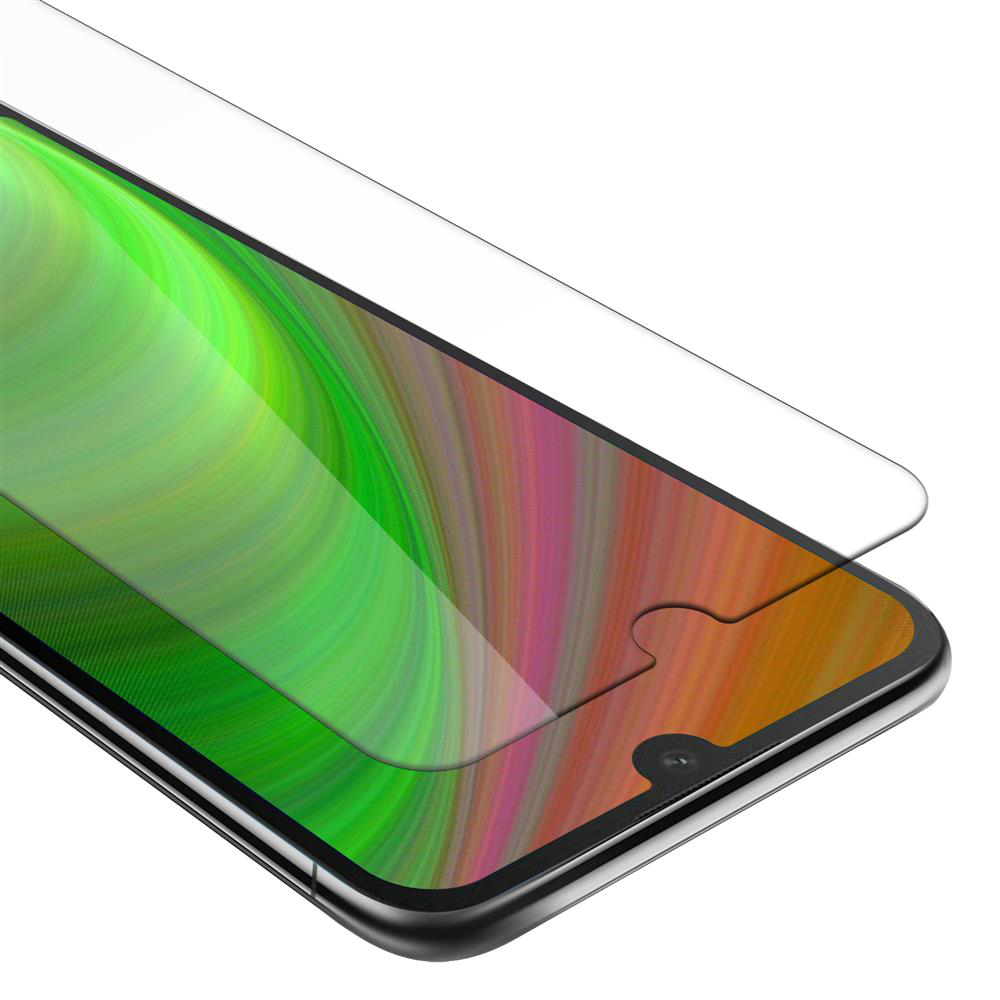 Primo piano del telefono con protezione schermo. Schermo colorato, cornice nera.