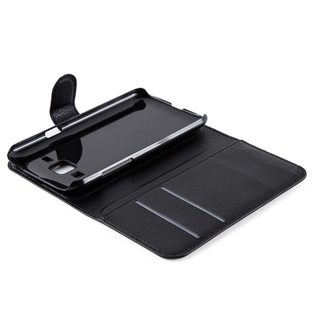 Offene schwarze Handyhülle. Innenseite zeigt Handyhalter und Kartenfächer.