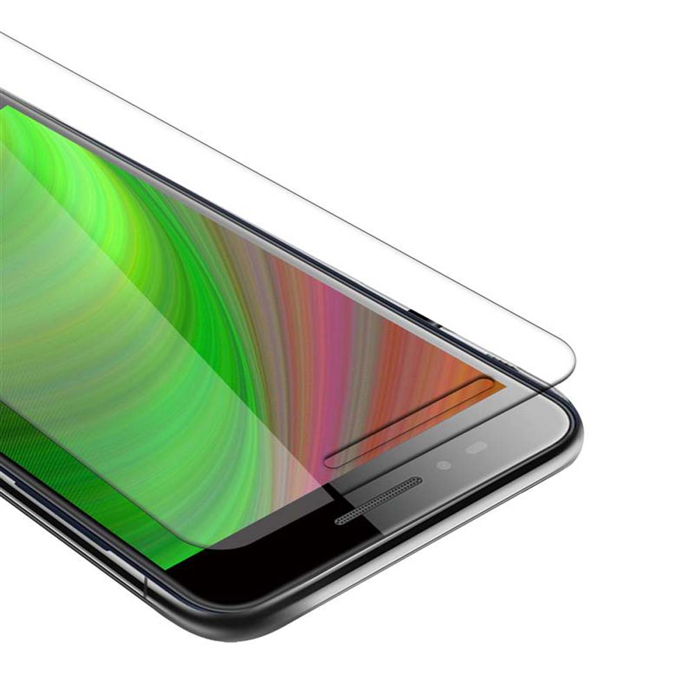 Primo piano del telefono con protezione schermo. Lo schermo è multicolore.
