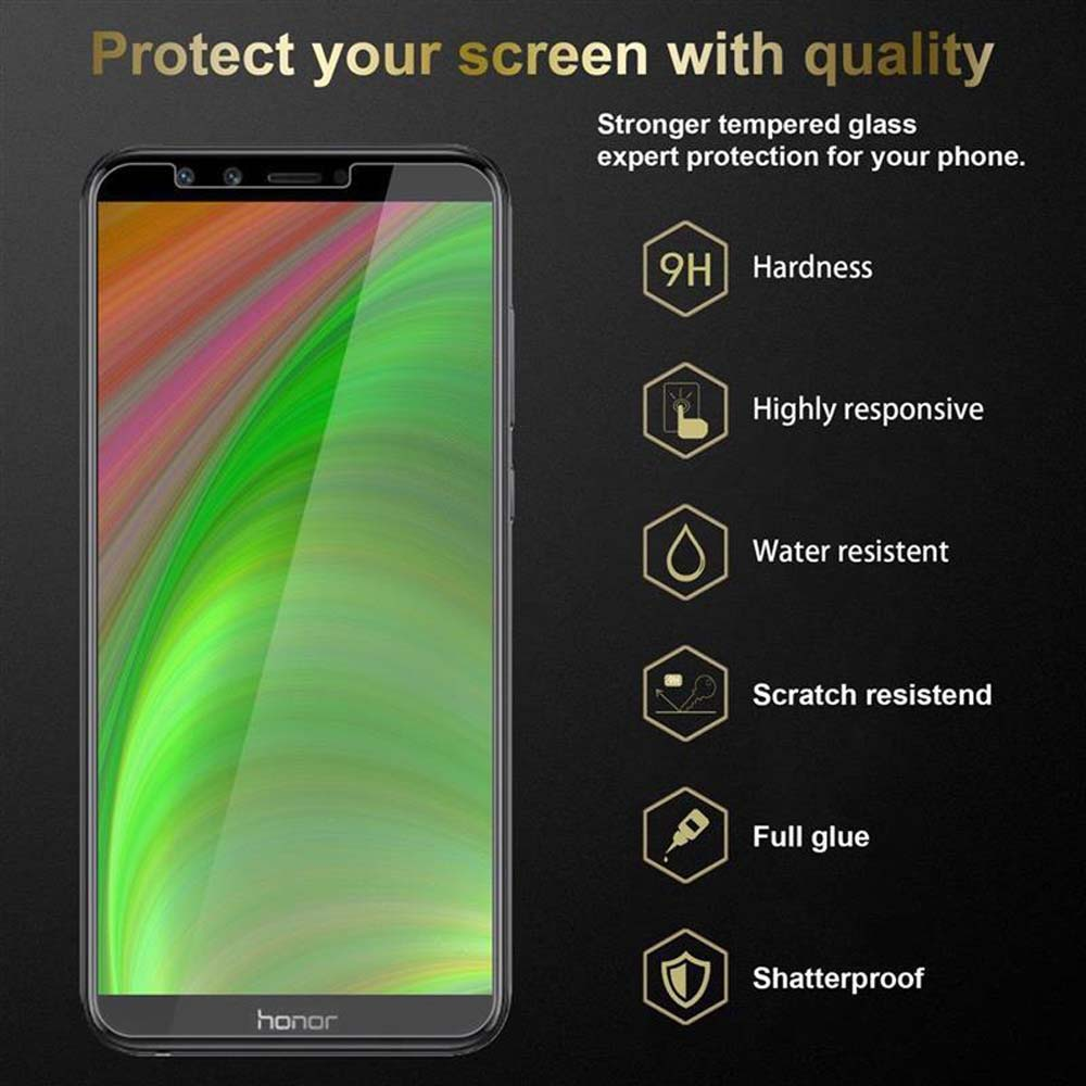 Telefono con protezione schermo, con durezza 9H e altre caratteristiche. Telefono Honor mostrato.