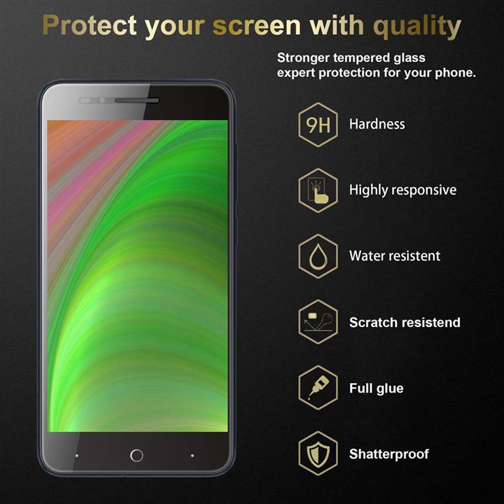Un telefono con schermo colorato. Grafico con icone su durezza, reattività e resistenza all'acqua.