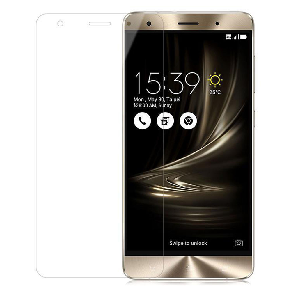 Uno smartphone con protezione schermo. Il telefono mostra ora, data e meteo. Viene mostrata anche una protezione in vetro.