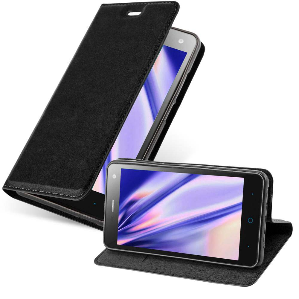 Smartphone negro en una funda de cuero negra, abierto y cerrado para mostrar la pantalla.