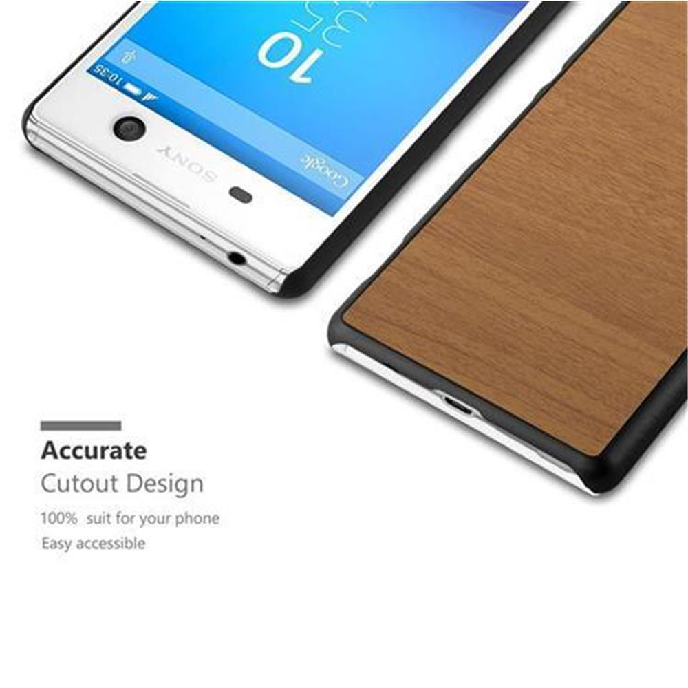 Teléfono blanco con funda de vetas de madera marrón. Texto: Diseño de recorte preciso, adecuado para su teléfono y de fácil acceso.