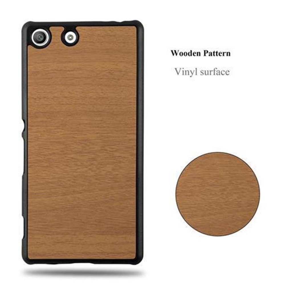 Funda de teléfono marrón con patrón de madera. Un círculo con el patrón de madera en el lateral.