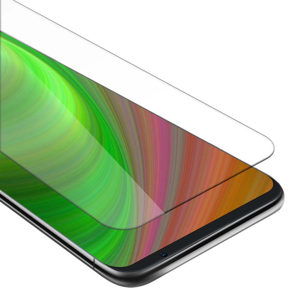 Una protezione per lo schermo sopra lo schermo di un telefono, che mostra uno sfondo sfocato e colorato e la cornice nera del telefono.