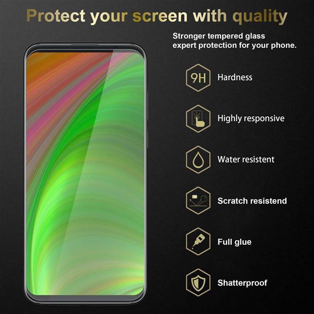 Telefono con protezione schermo. Testo con icone: Durezza 9H, Altamente reattivo, Resistente all'acqua, Resistente ai graffi, Colla piena.