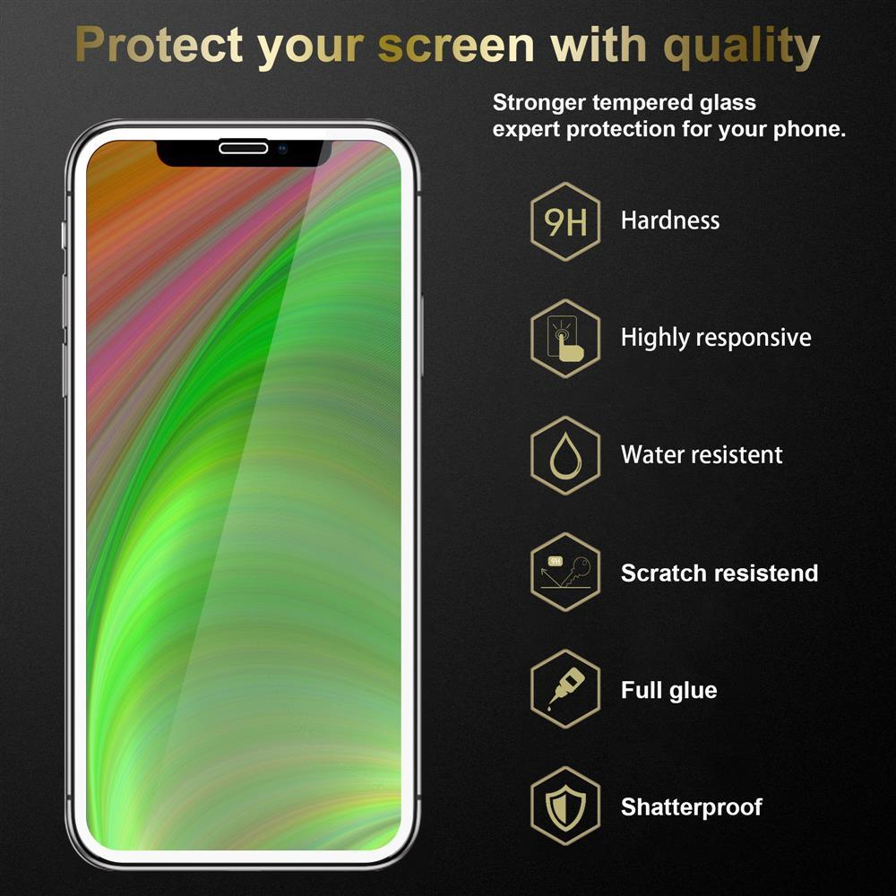 Un telefono con protezione schermo. Lo schermo mostra un'immagine colorata e testo sulla qualità e la protezione.