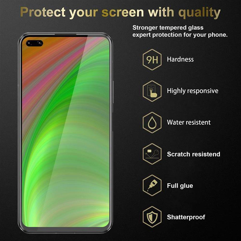 Un telefono con protezione schermo, che mostra caratteristiche come durezza 9H e resistenza all'acqua.
