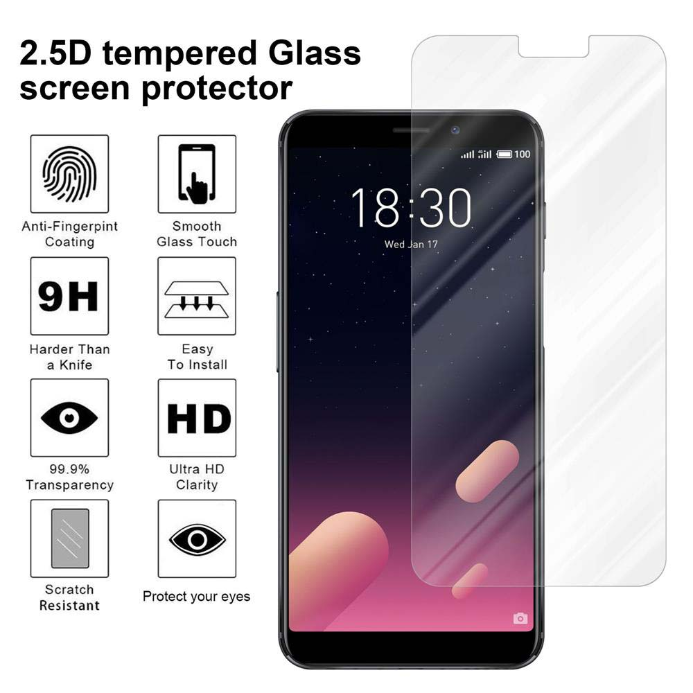 Un telefono con un proteggi schermo. Il testo dice proteggi schermo in vetro temperato 2.5D. Lo schermo mostra un orologio.
