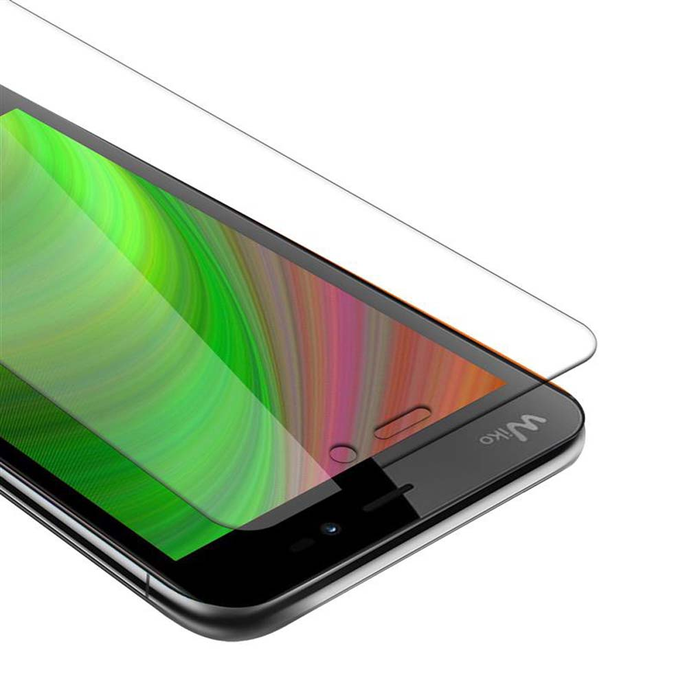Protezione schermo del telefono, primo piano. Lo schermo del telefono è colorato. La protezione è trasparente e sopra.