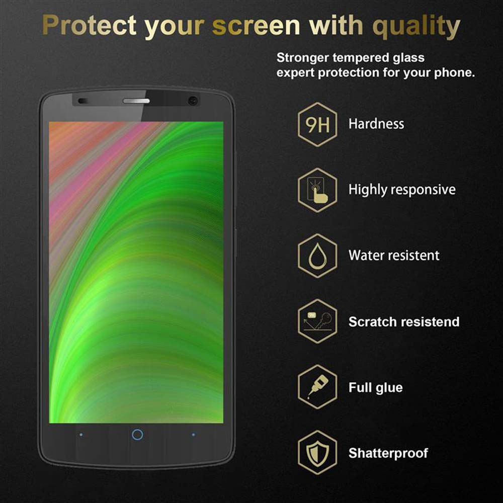 Smartphone con protector de pantalla, presenta texto e iconos. El texto dice 'Proteja su pantalla con calidad'.