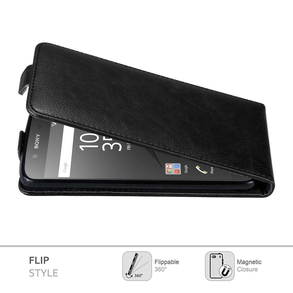 Un telefono Sony nero in una custodia a libro nera. La custodia è aperta, mostrando lo schermo del telefono.