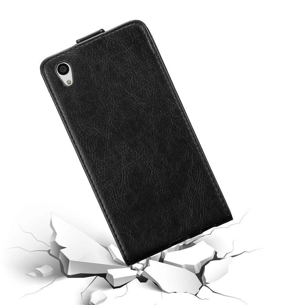 Custodia per telefono in pelle nera su superficie incrinata, che promuove la protezione dalle cadute.