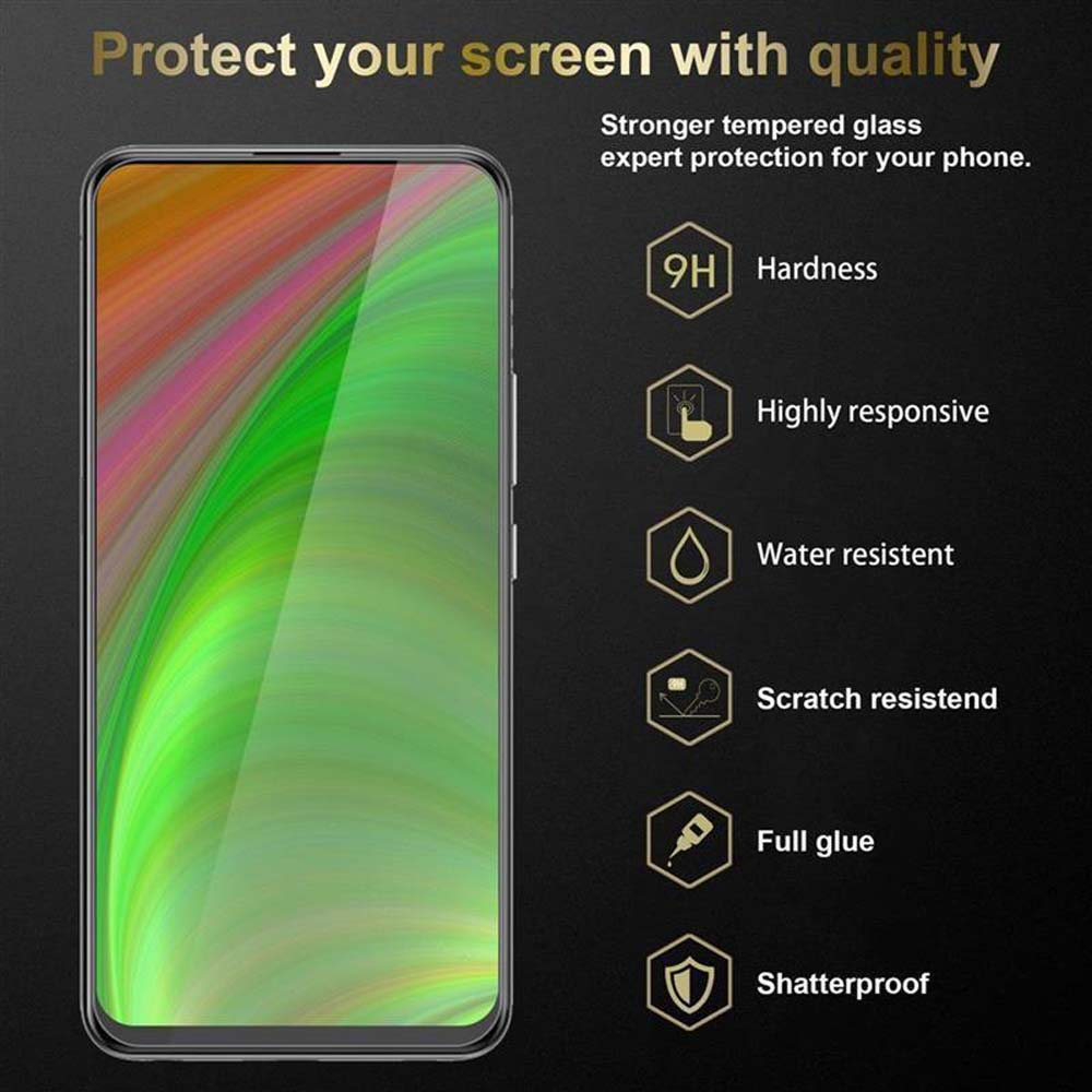 Un telefono con protezione schermo. Lo schermo mostra uno sfondo colorato. Testo e icone a destra.