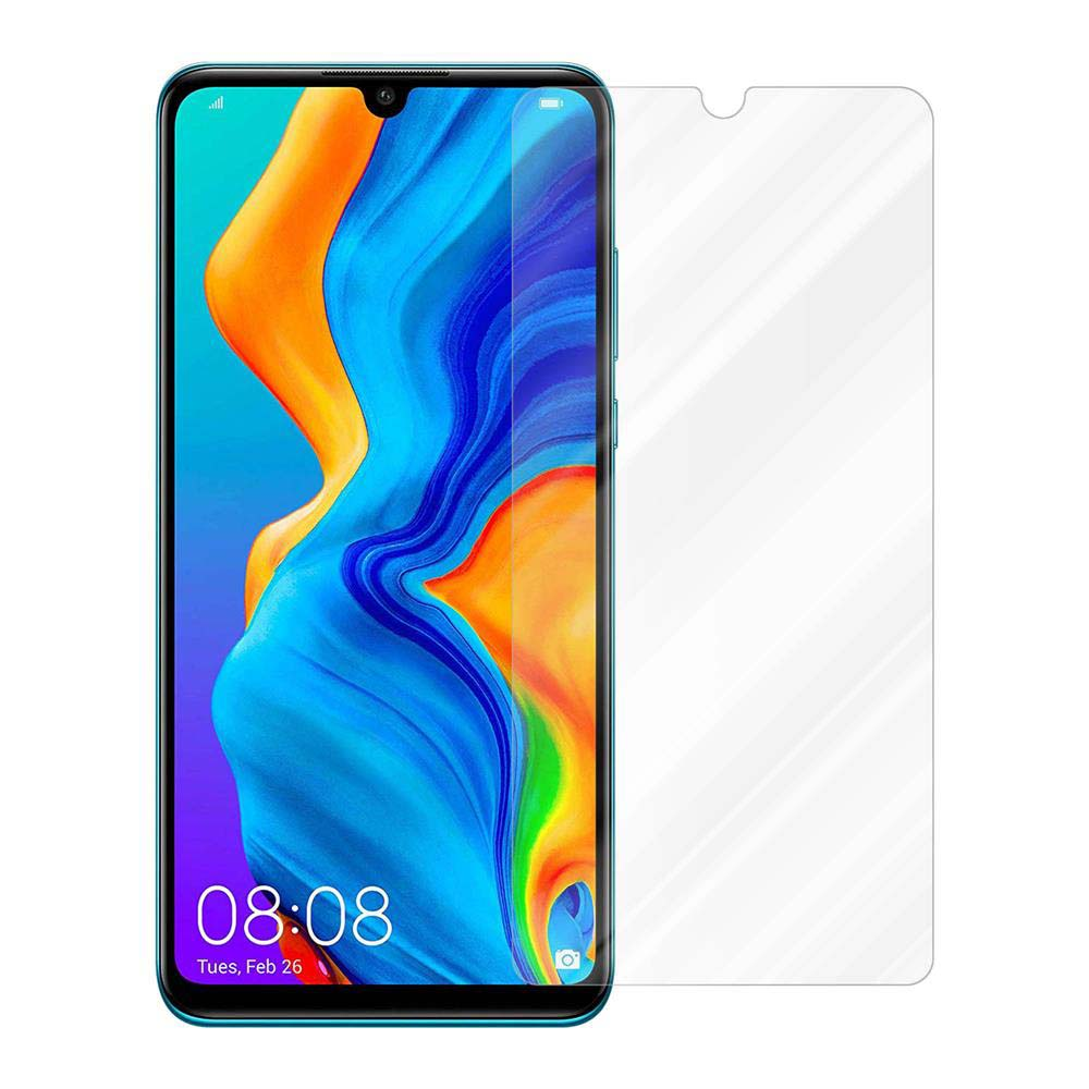 Un telefono con protezione schermo che mostra l'ora e la data. Il telefono ha uno sfondo sfumato blu.