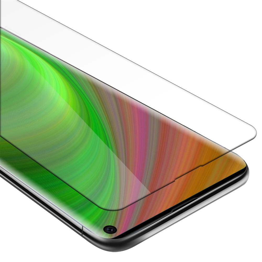 Un proteggi schermo è posizionato sull'angolo di uno smartphone. Lo schermo mostra uno sfondo astratto colorato.