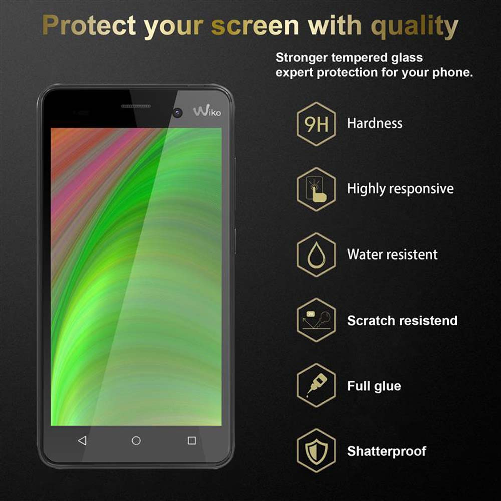 Un telefono Wiko nero con protezione per lo schermo. Lo schermo mostra un design colorato. Le icone mostrano durezza 9H, resistenza all'acqua.