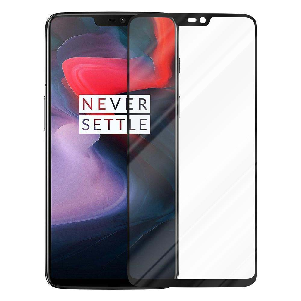 Uno smartphone nero con protezione schermo. Lo schermo mostra il testo 'NEVER SETTLE' e un design rosso.