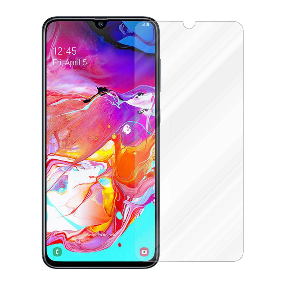 Uno smartphone con una protezione per lo schermo, che mostra un'immagine colorata e l'ora.