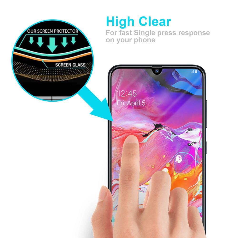 Schermo del telefono con protezione. Testo: 'High Clear'. Un dito tocca lo schermo.