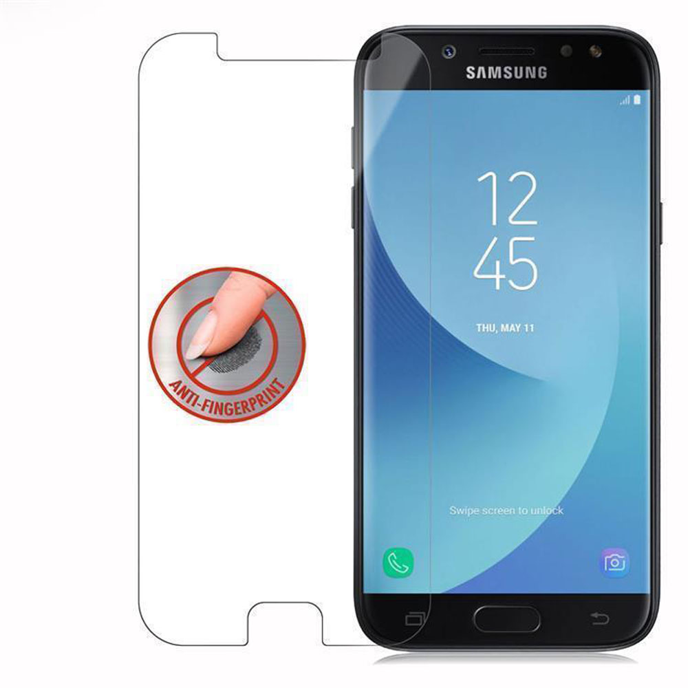 Un telefono con protezione schermo che mostra un simbolo di impronta digitale. Lo schermo mostra l'ora. Il testo è 'Anti-Fingerprint'.