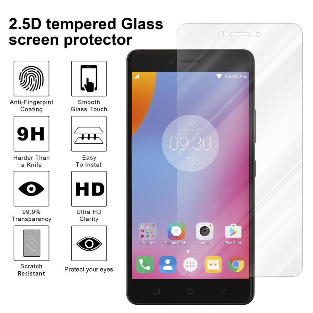 Telefono e protezione. Testo: Vetro temperato 2.5D. Caratteristiche: Anti-impronte, touch, facile installazione, chiarezza HD e protezione.