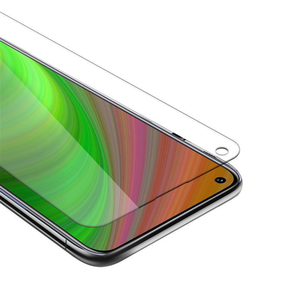 Un primo piano di un telefono con protezione schermo. Lo schermo mostra un motivo astratto e colorato.
