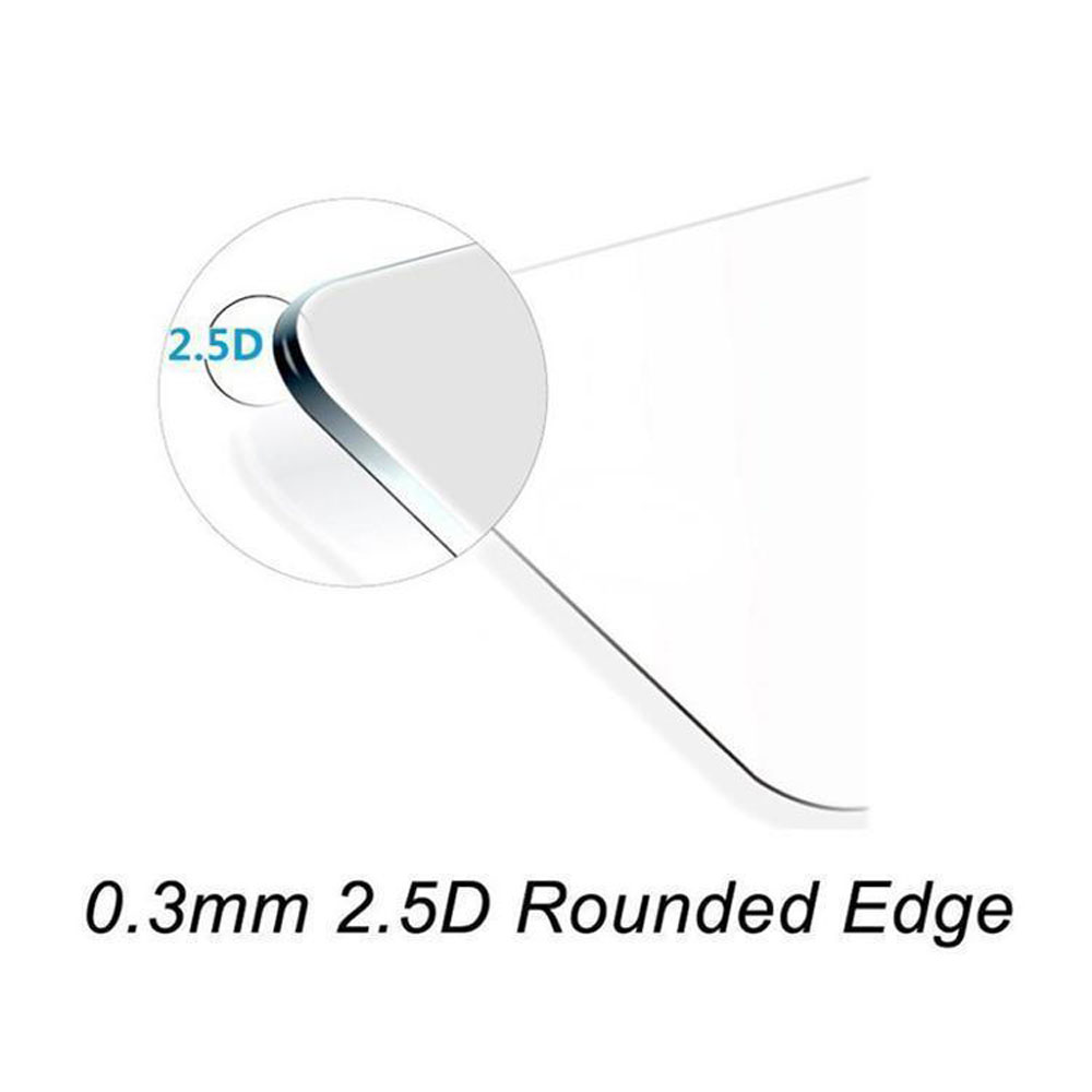 Primo piano di una protezione per lo schermo che mostra un bordo arrotondato, etichettato 2.5D, e testo: 0,3 mm 2.5D Bordo arrotondato.