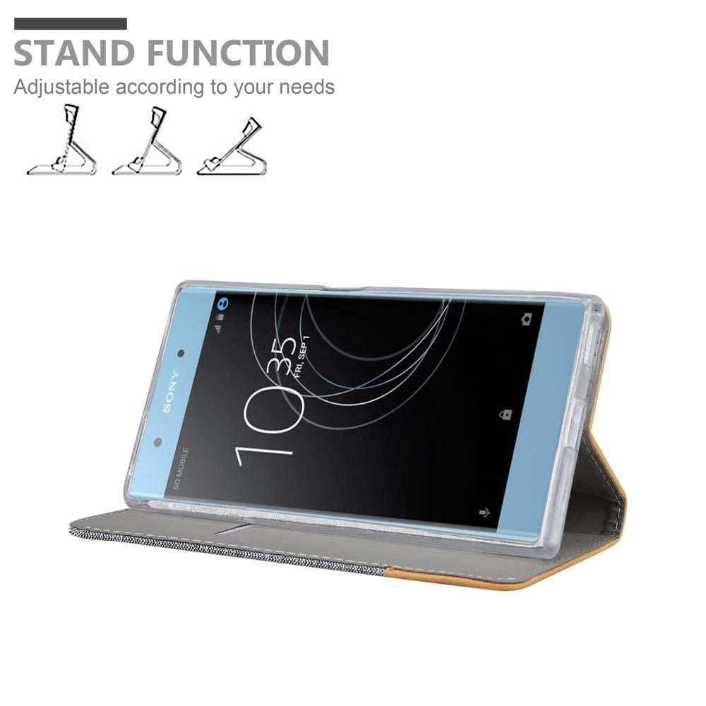 Un telefono in una custodia con funzione stand, regolato in una posizione. Il testo dice 'FUNZIONE STAND' e descrizione.