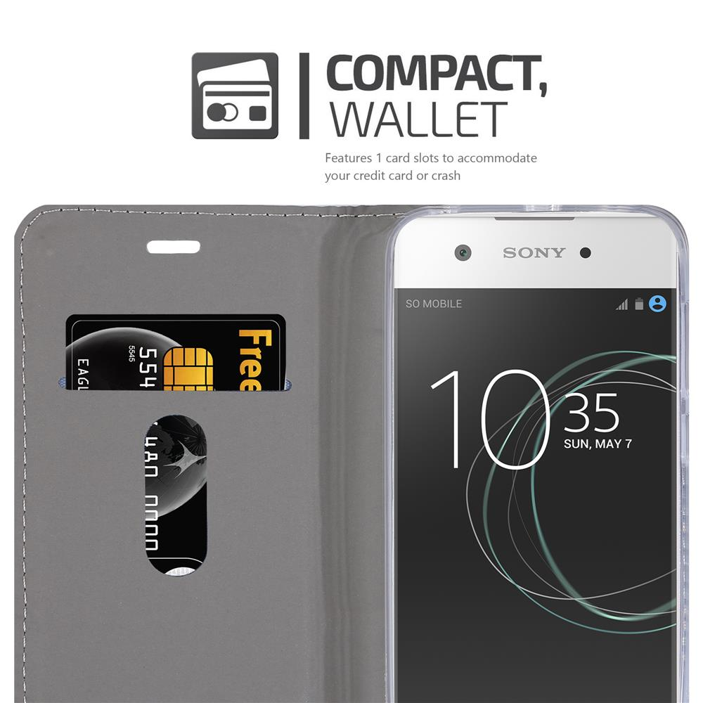 Telefono in una custodia a portafoglio, con uno slot per carte che contiene una carta di credito. Il telefono mostra l'ora.