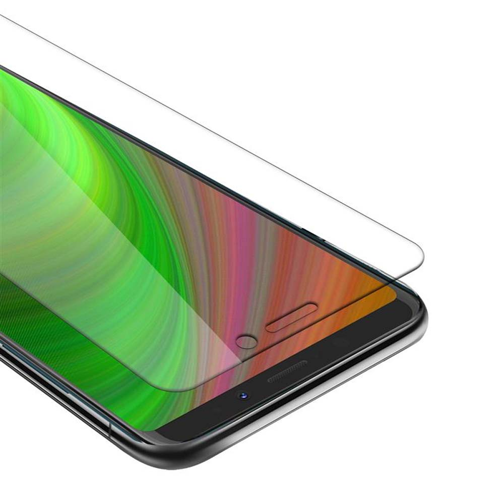 Uno schermo del telefono con una protezione applicata, che mostra uno sfondo colorato, vista da vicino.