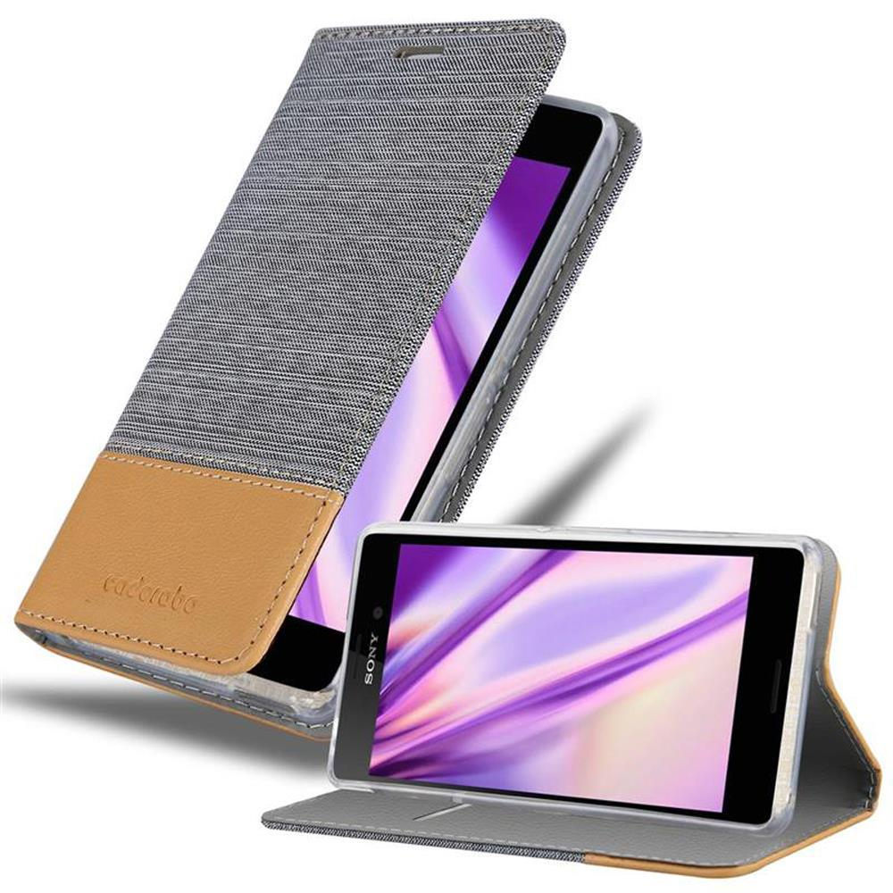 Una funda gris y marrón, abierta, revelando un teléfono con pantalla morada.