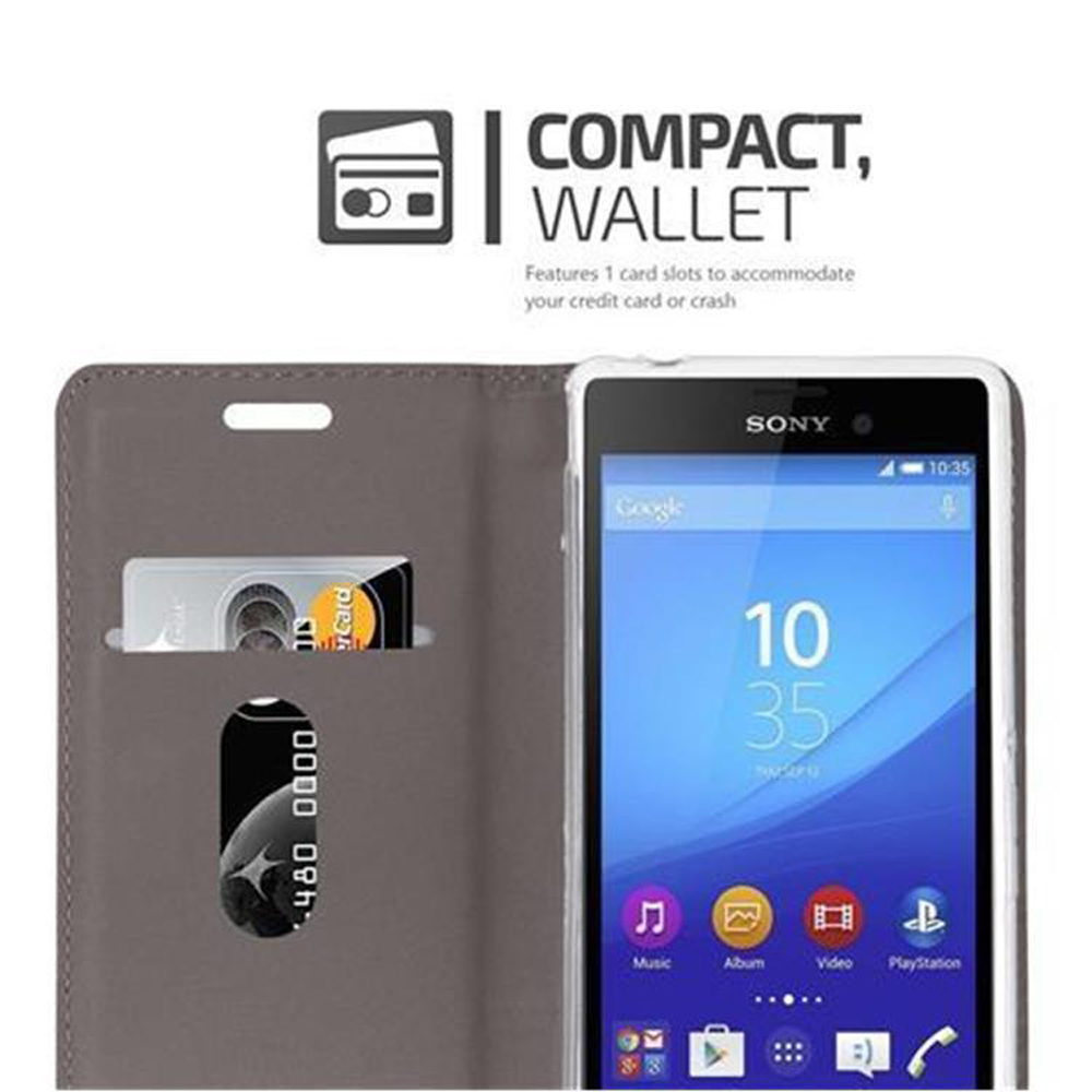 Funda de teléfono con teléfono. Tarjeta de crédito en ranura. Texto: Cartera compacta.