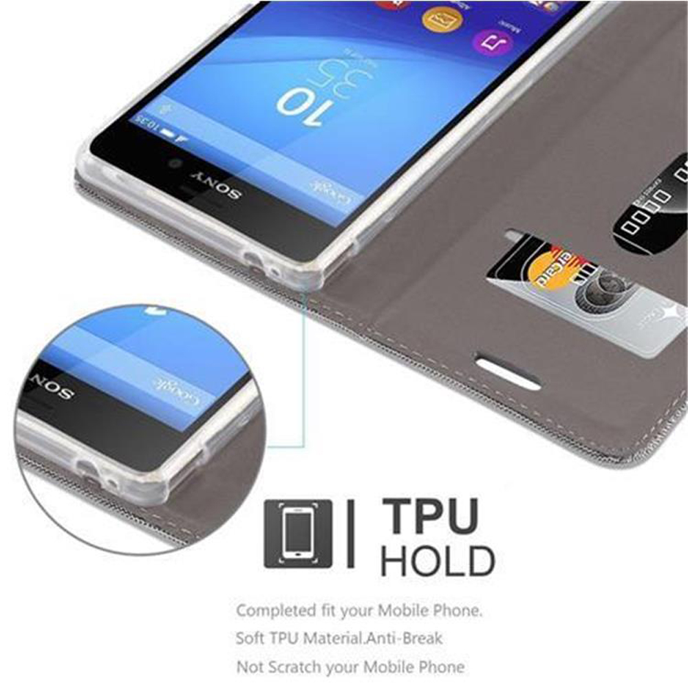 Teléfono en una funda con ranura para tarjetas. La funda es gris. El texto dice TPU HOLD.