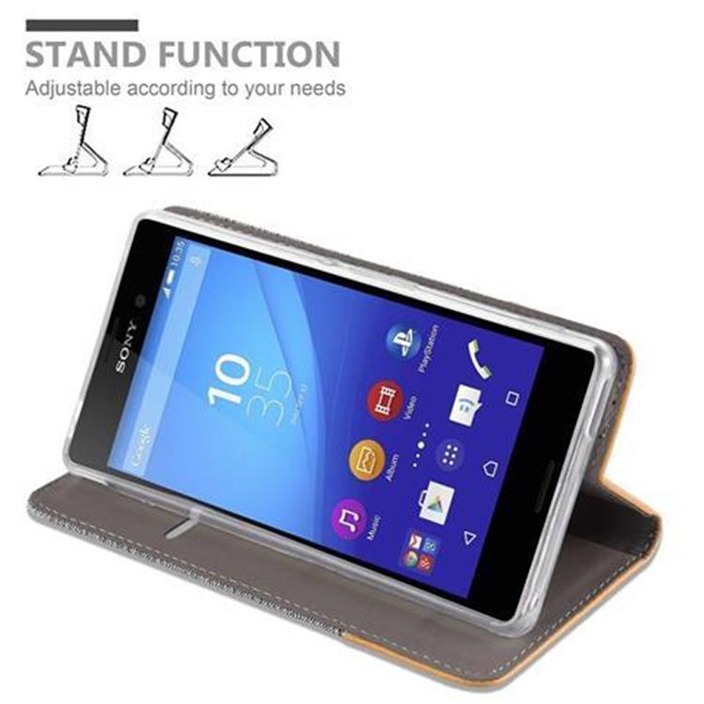Un teléfono en una funda con soporte. La pantalla muestra la hora y algunos iconos.