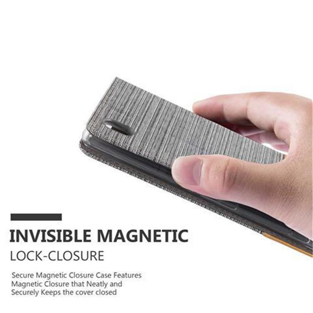 Una mano sosteniendo una funda gris. El texto dice 'INVISIBLE MAGNETIC LOCK-CLOSURE' con detalles.