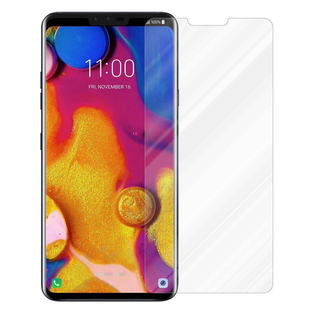 Schermo del telefono con protezione, sfondo colorato e data e ora visualizzate.