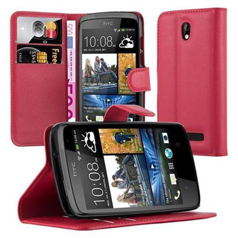 Rote Handyhülle mit Telefon, Karten und Geld. Das Telefon zeigt 10:08. HTC auf dem Telefon.