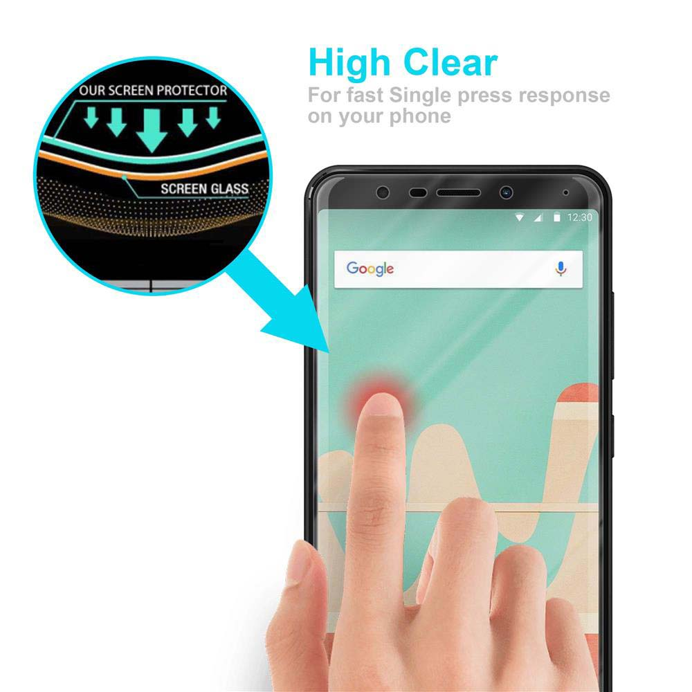 Schermo del telefono con tocco del dito. Lo schermo ha la barra di ricerca di Google. Testo High Clear.