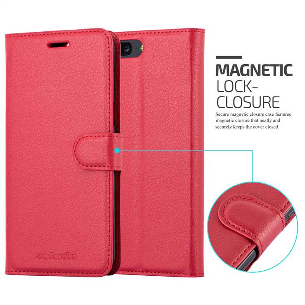 Viene mostrata una custodia rossa per telefono con chiusura magnetica.