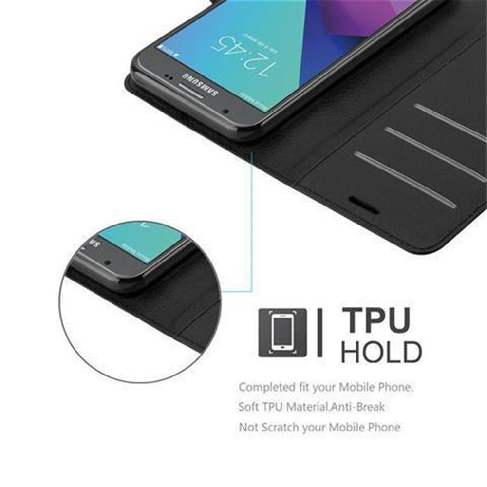 Custodia per telefono nera, aperta per mostrare il retro di un telefono Samsung. Viene pubblicata la tenuta in TPU.