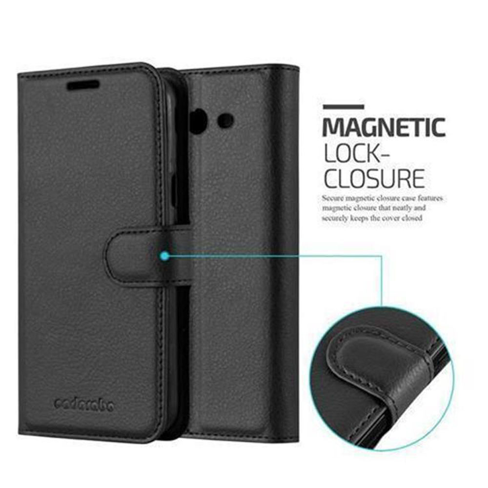 Custodia per telefono in pelle nera con chiusura magnetica. L'illustrazione illustra il meccanismo di chiusura e la funzione.