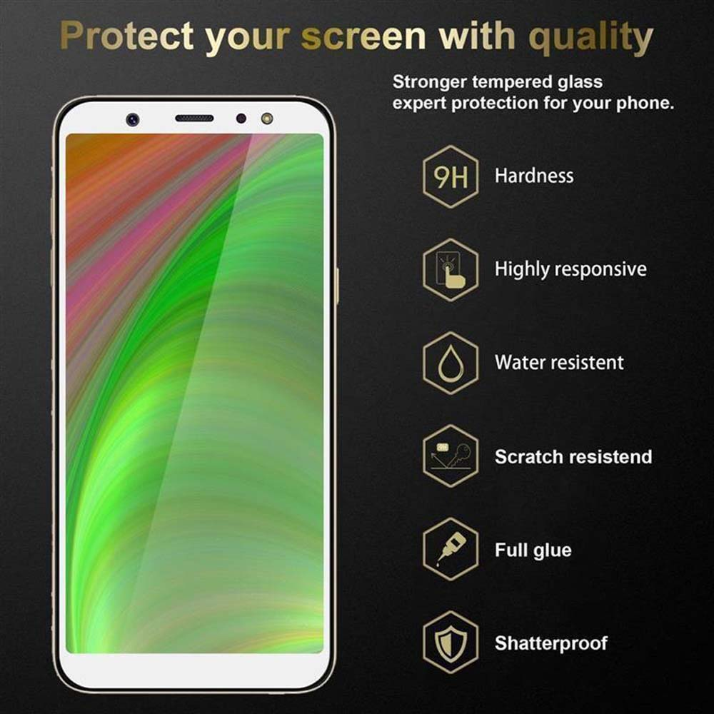 Lo schermo di un telefono mostra uno sfondo colorato, con icone che mostrano funzionalità come durezza, resistenza all'acqua.