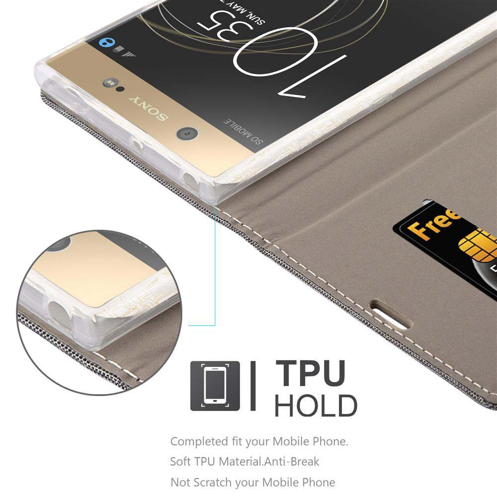 Custodia del telefono con telefono all'interno. Mostra l'ora. Ha uno slot per carte di credito. Sfondo beige.