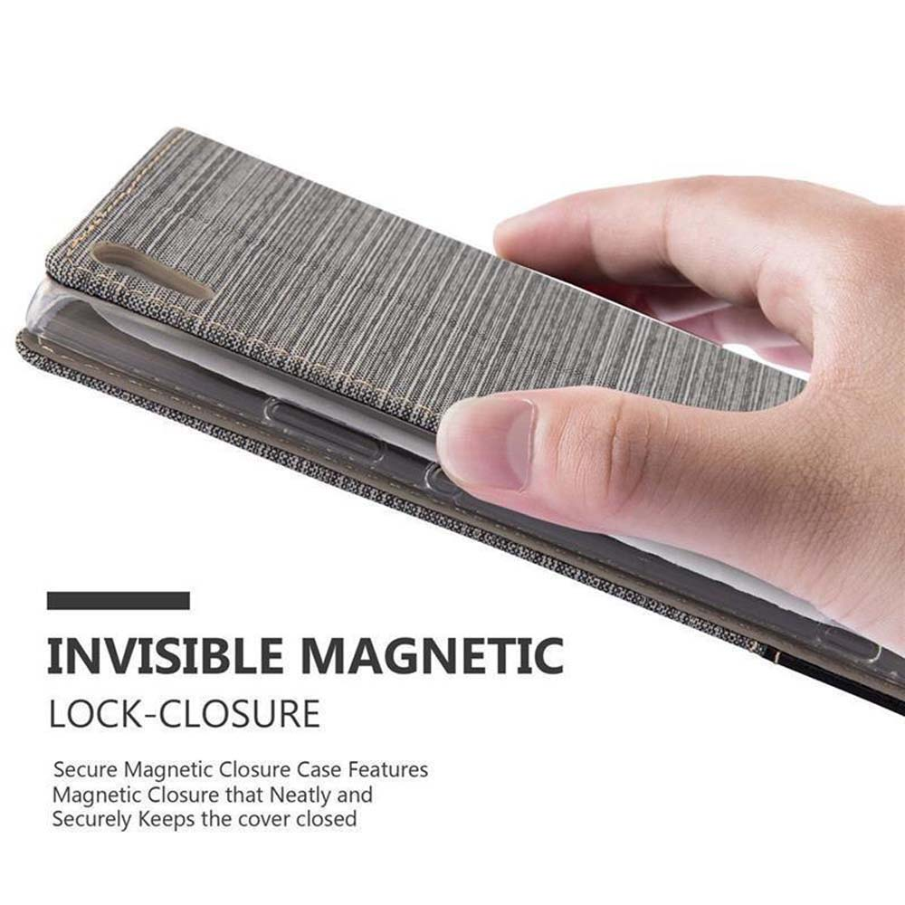 Mano che tiene aperta una custodia grigia per telefono. Testo: Chiusura magnetica invisibile.