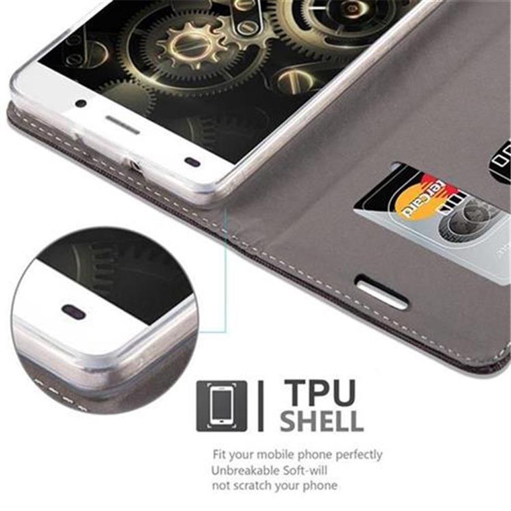 Telefono in una custodia a portafoglio grigia, con carta di credito in una fessura. Testo guscio TPU e custodia del telefono aperta.