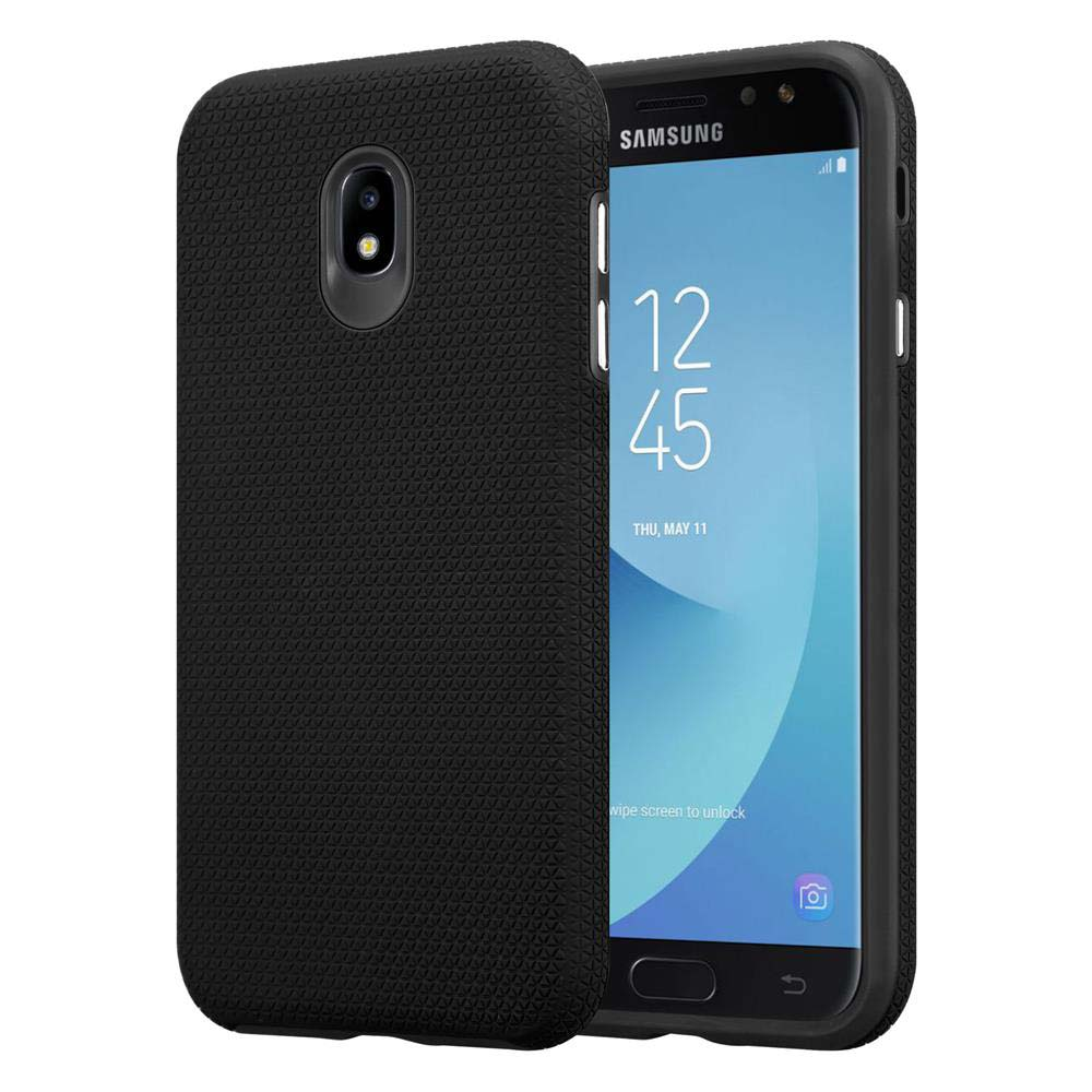 Custodia nera per telefono su un telefono Samsung. La custodia ha una superficie strutturata. Il telefono visualizza l'ora e ha un bordo nero.