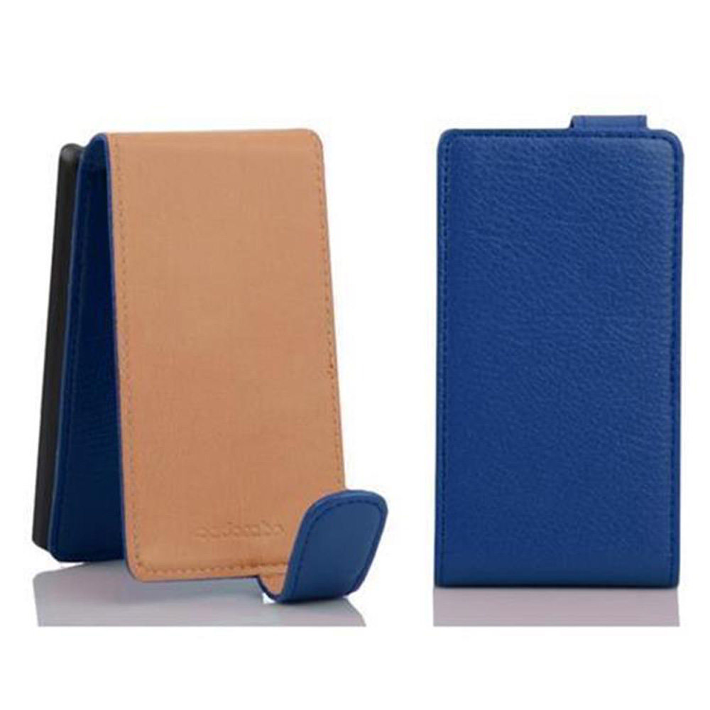 Zwei Handyhüllen, eine beige, eine blaue. Beide sind vertikal. Blaue Hülle hat gebogene Basis.